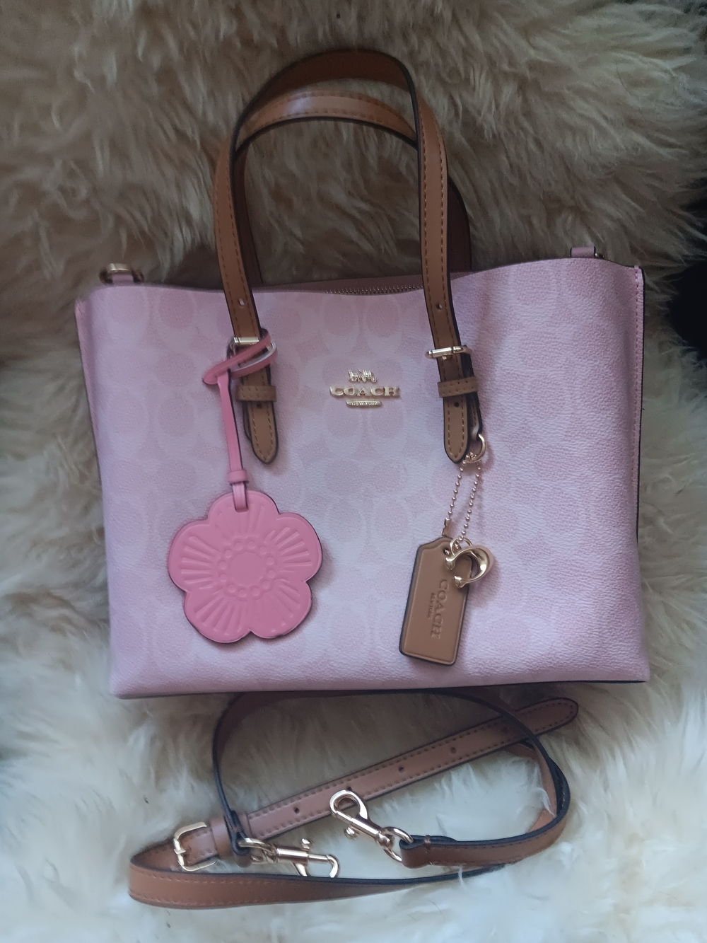 COACH Pink Signature Tote with Tan Handles and Floral Charm